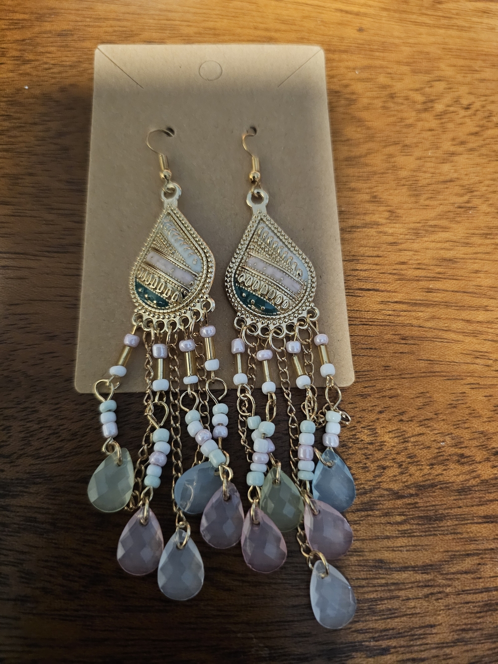 Gold Teardrop Chandelier Earrings with Pastel Beads